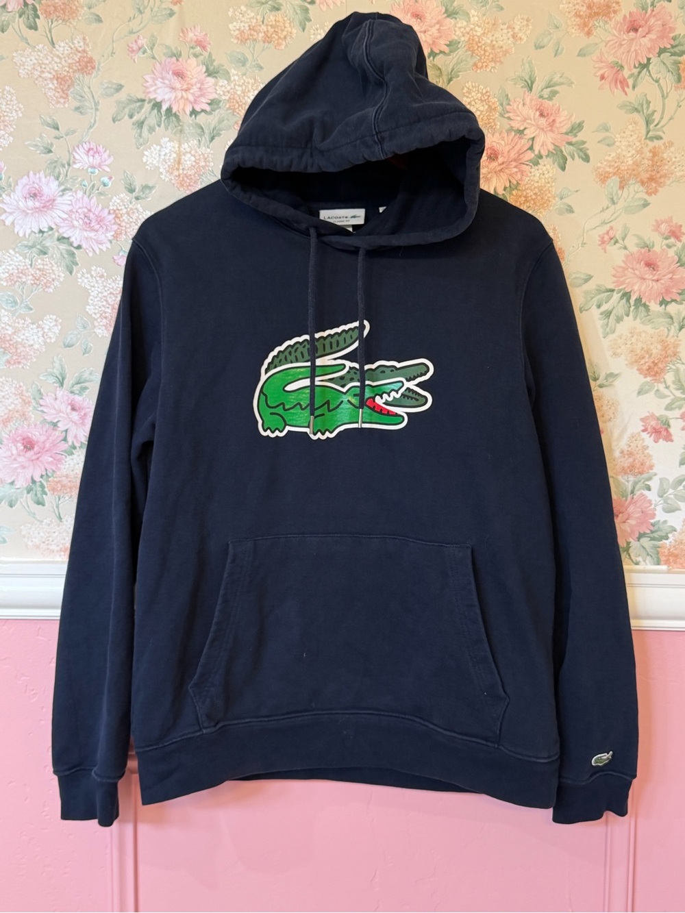 Lacoste Navy Pullover Hoodie with Green Crocodile Patch